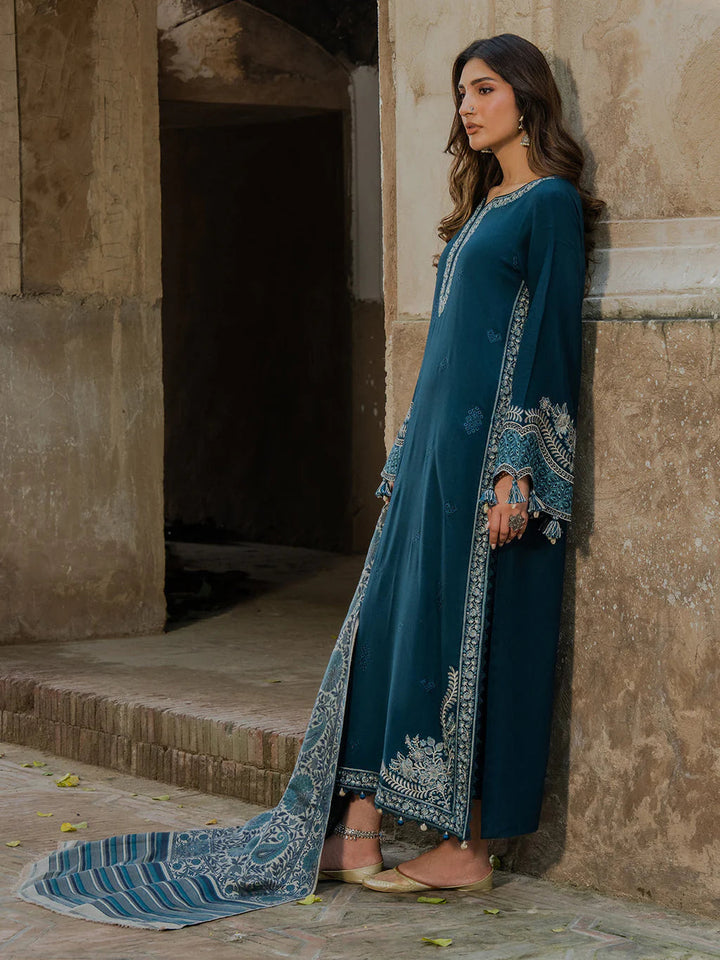 IZEL-3PC DHANAK EMBROIDERED SHIRT WITH COURTRAI PRINTED SHAWL &amp; TROUSER-BIC-4364 B
