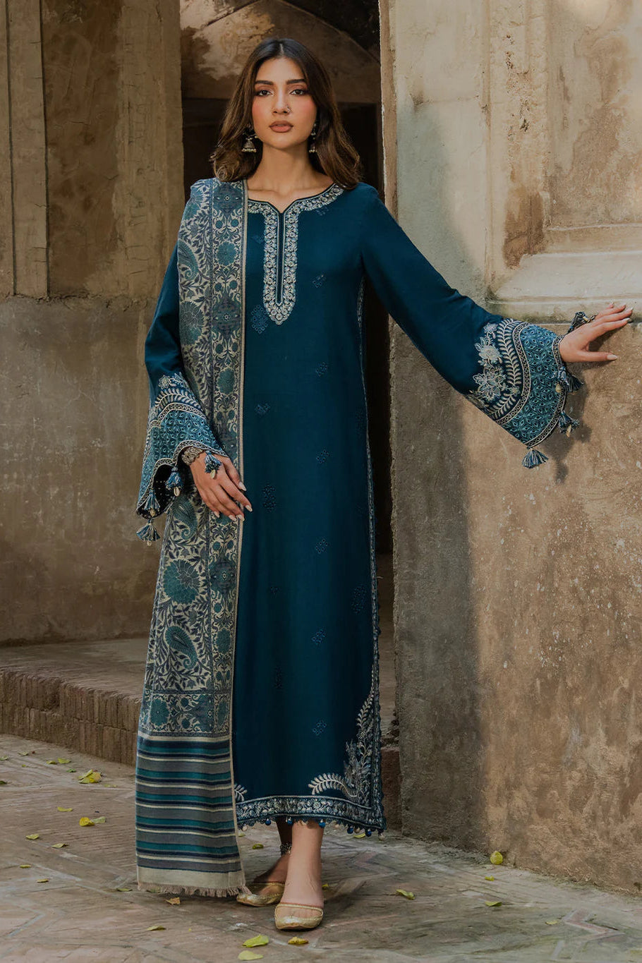 IZEL-3PC DHANAK EMBROIDERED SHIRT WITH COURTRAI PRINTED SHAWL &amp; TROUSER-BIC-4364 B