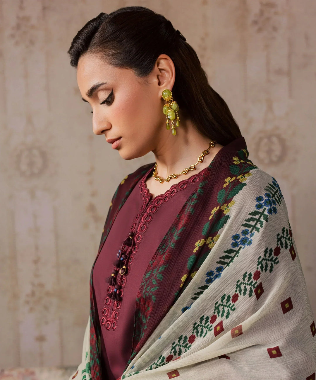Dhanak-3PC Chikankari Embroidered Shirt with Digital Printed Shawl - 6457