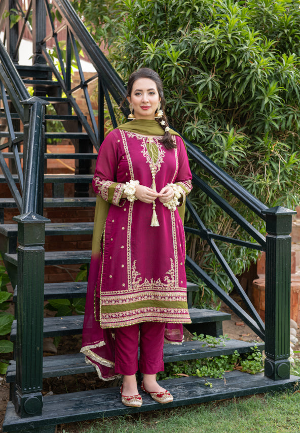 WINTER-3PC DHANAK EMBROIDERED SHIRT WITH COUTRAI PRINTED SHAWL &amp; DHANAK TOUSER-4223