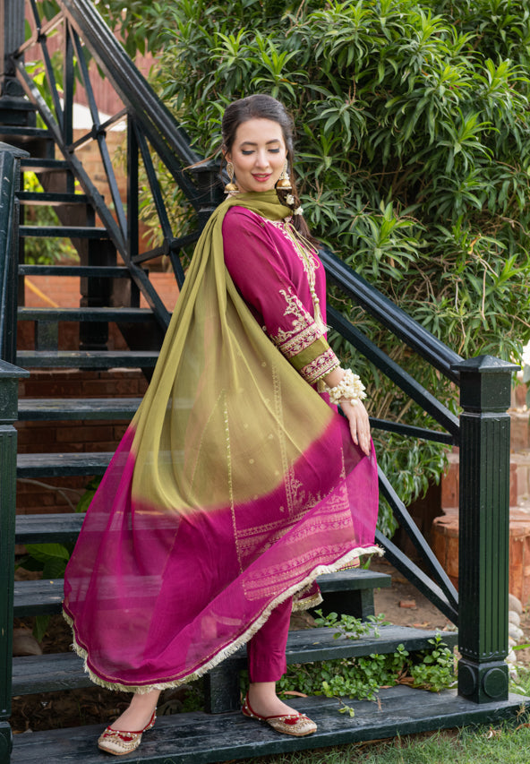 WINTER-3PC DHANAK EMBROIDERED SHIRT WITH COUTRAI PRINTED SHAWL &amp; DHANAK TOUSER-4223