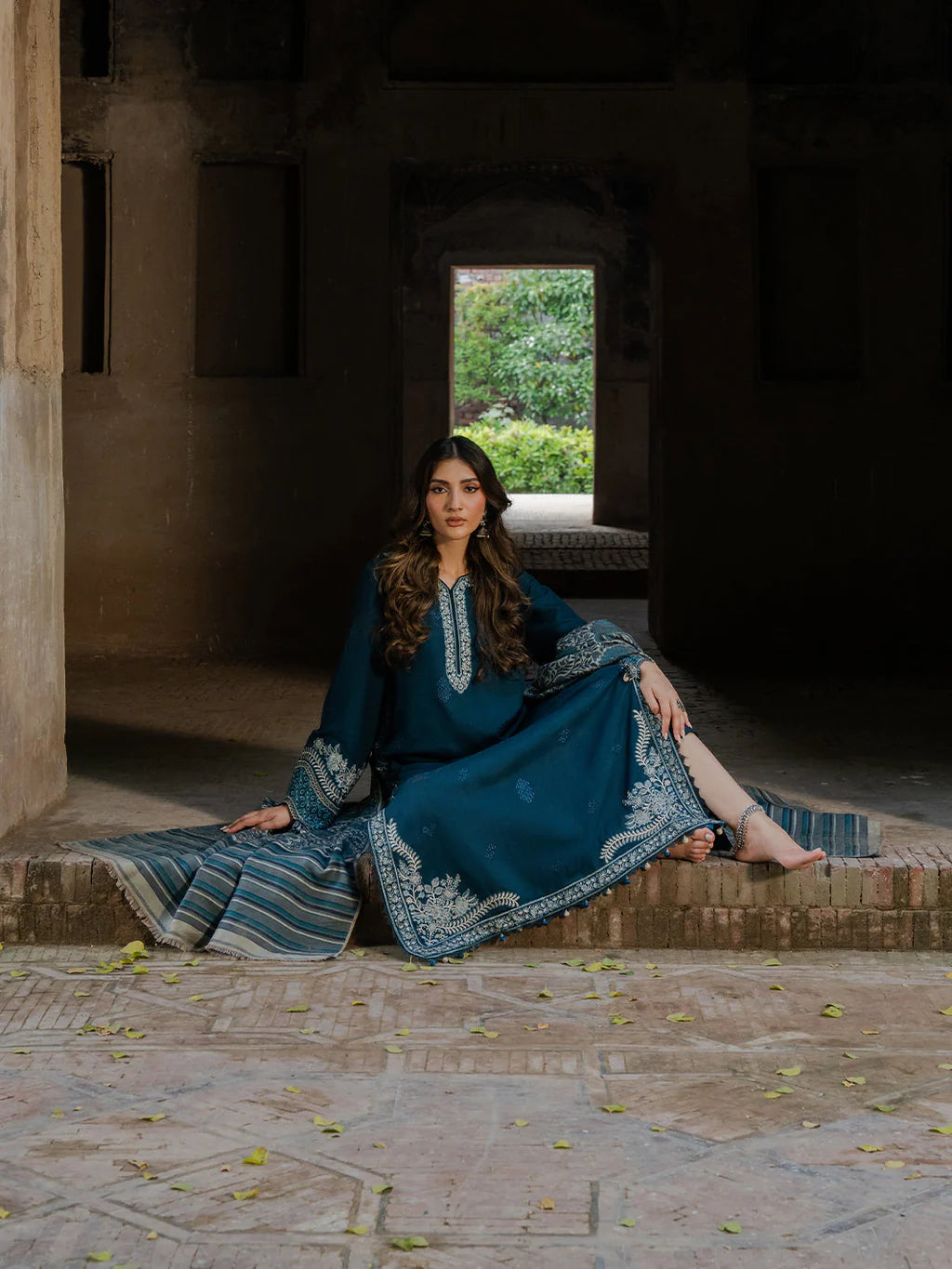 IZEL-3PC DHANAK EMBROIDERED SHIRT WITH COURTRAI PRINTED SHAWL &amp; TROUSER-BIC-4364 B