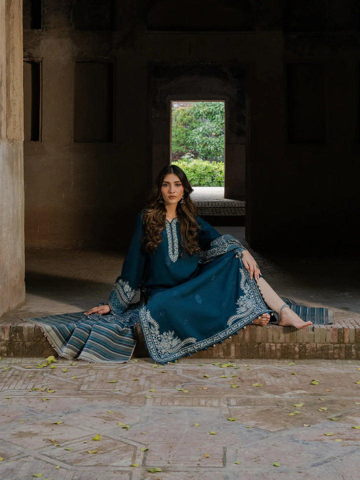 IZEL-3PC DHANAK EMBROIDERED SHIRT WITH COURTRAI PRINTED SHAWL &amp; TROUSER-BIC-4364 B