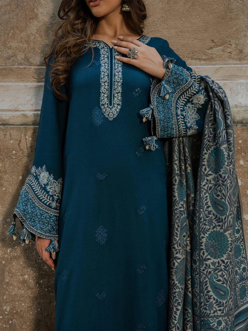 IZEL-3PC DHANAK EMBROIDERED SHIRT WITH COURTRAI PRINTED SHAWL &amp; TROUSER-BIC-4364 B