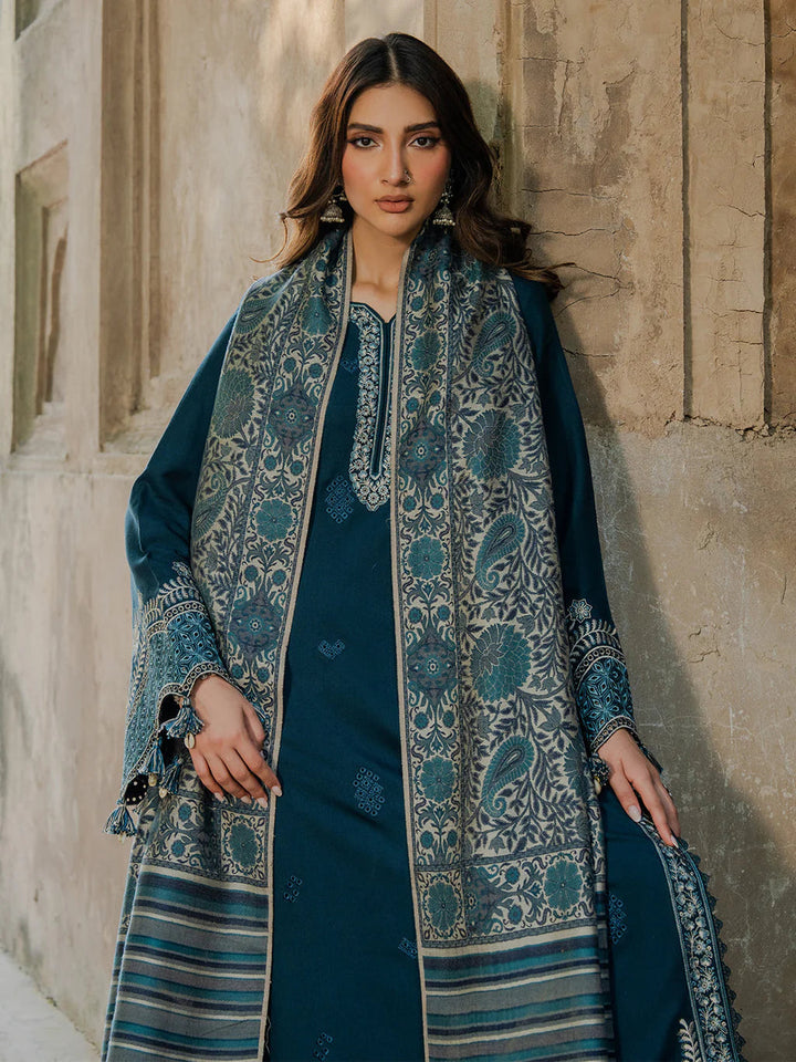 IZEL-3PC DHANAK EMBROIDERED SHIRT WITH COURTRAI PRINTED SHAWL &amp; TROUSER-BIC-4364 B