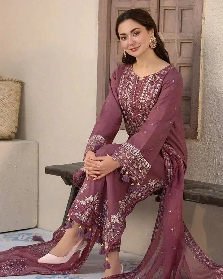 Dhanak-3PC Embroidered Shirt with Chiffon Embroidered Dupatta - 3286